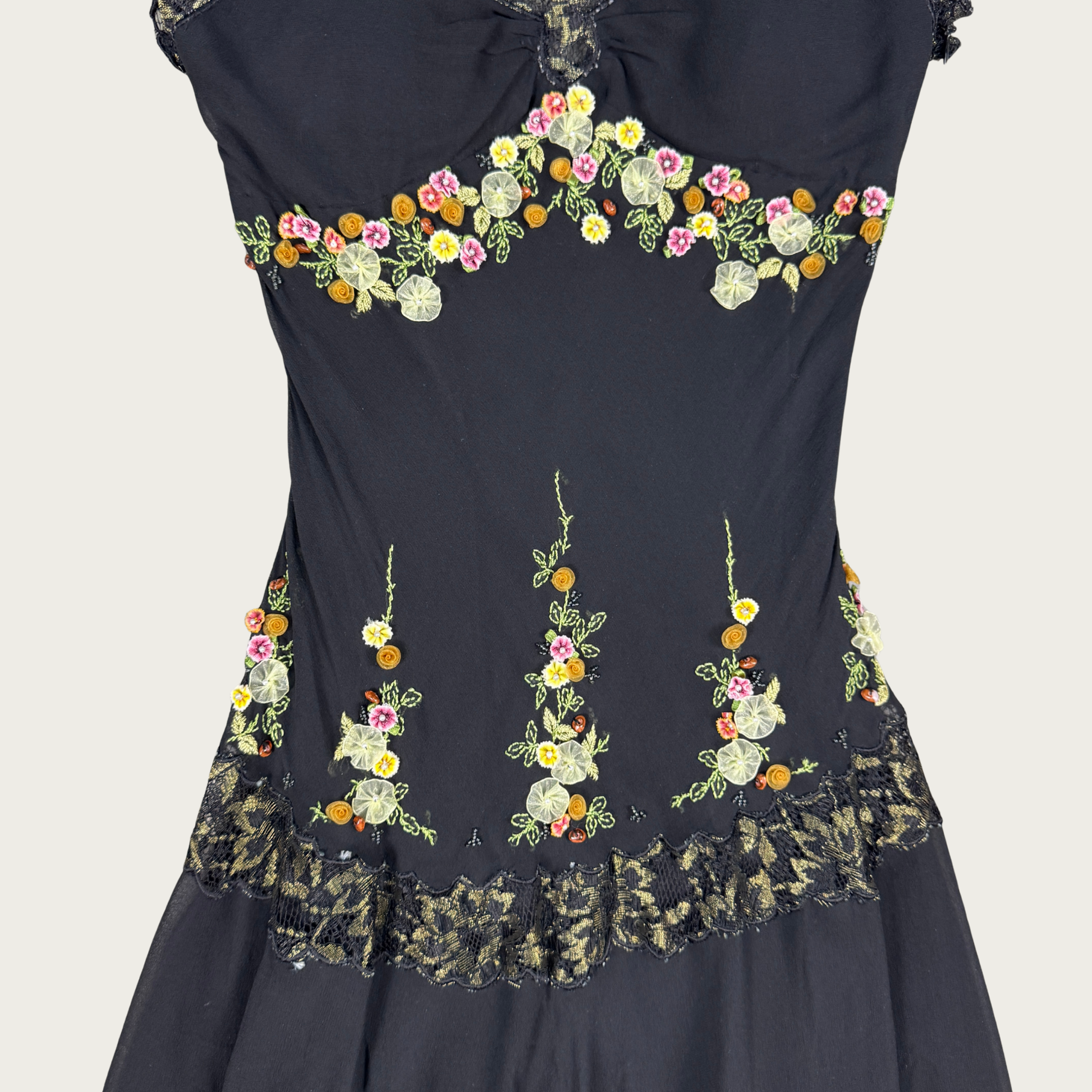 S/M) 90s/Y2K Sue Wong Beaded Floral Applique Silk Midi Dress The Clothing Warehouse S/M) 90s/Y2K Sue Wong Beaded Floral Applique Silk Midi Dress The Clothing Warehouse