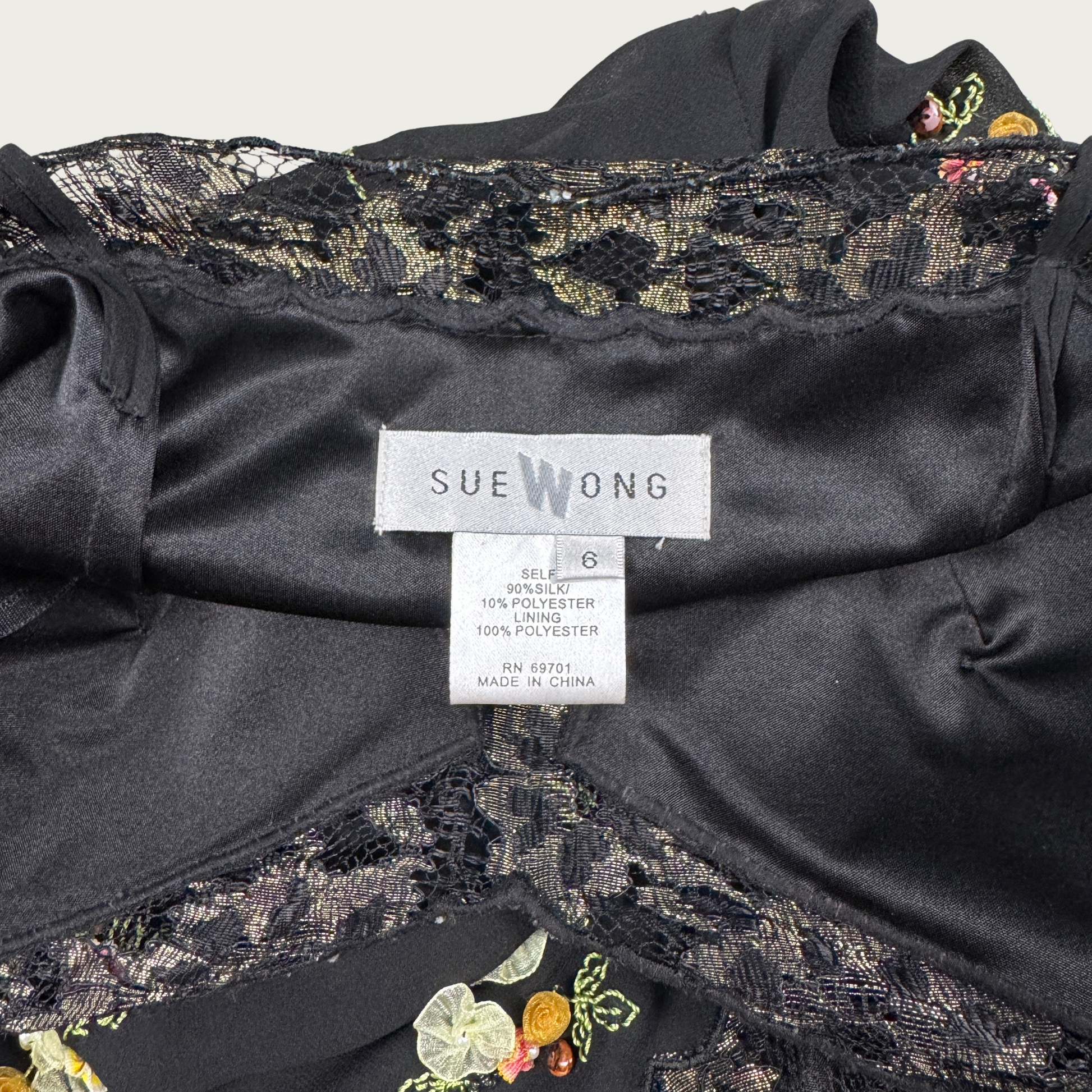 S/M) 90s/Y2K Sue Wong Beaded Floral Applique Silk Midi Dress The Clothing Warehouse S/M) 90s/Y2K Sue Wong Beaded Floral Applique Silk Midi Dress The Clothing Warehouse