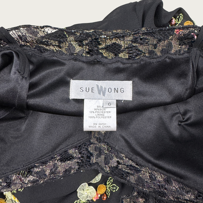 (S/M) 90s/Y2K Sue Wong Beaded Floral Applique Silk Midi Dress