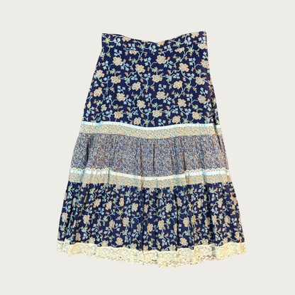 (28") 70s Navy Floral Tiered Midi Skirt