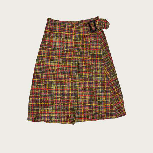 (25") Plaid Midi Buckle Wrap Skirt
