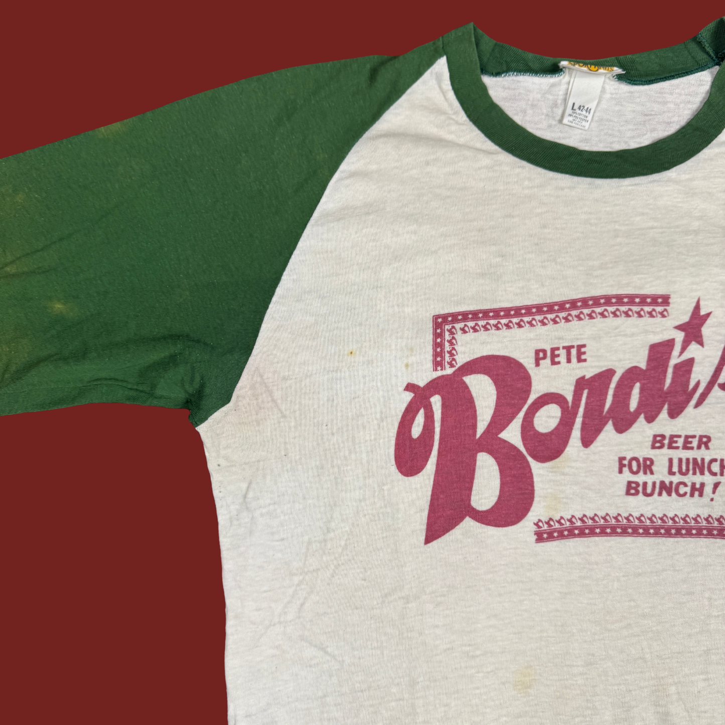 (L) 70s/80s Pete Bordi's Beer For Lunch Bunch Raglan Tee
