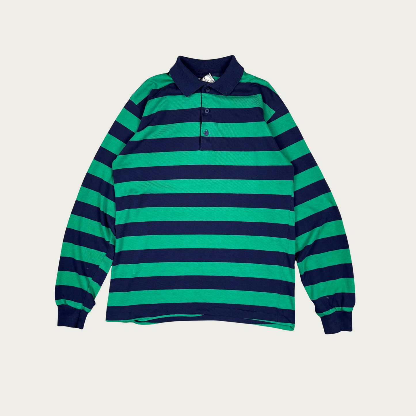 (S) 70s/80s Navy/Green Striped Long Sleeve Polo Shirt