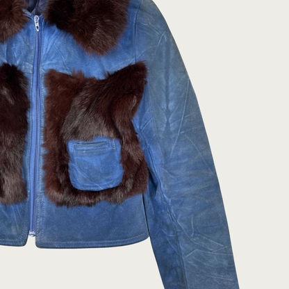 (XS/S) 60s/70s Blue Suede and Brown Fur Paneled Jacket