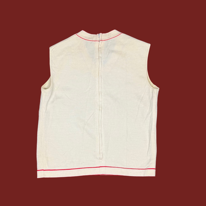 (M) 60s/70s Cream/Red V Neck Knit Top