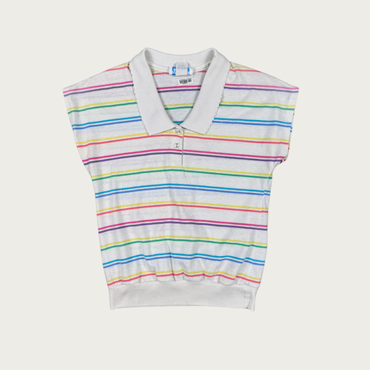 (S/M) 80s Multicolor Striped Cap Sleeve Polo Top