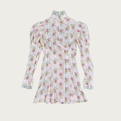 (S) 60s/70s Baby Pink High Neck Floral Mini Dress