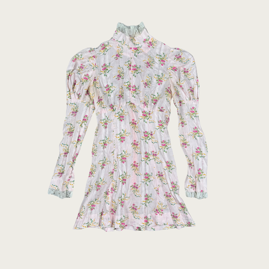 (S) 60s/70s Baby Pink High Neck Floral Mini Dress