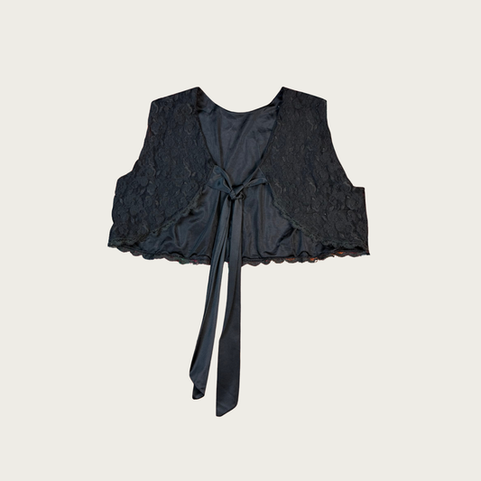 (S/M) Vintage Black Lace Tie Front Shrug Top