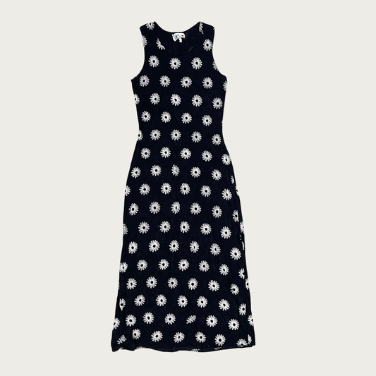 (M/L) 90s Black Slinky Floral Maxi Dress