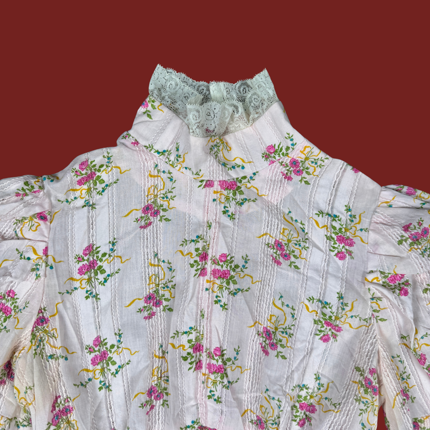 (S) 60s/70s Baby Pink High Neck Floral Mini Dress