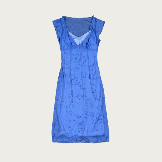 (S) Y2K Blue Glitter Floral Mesh Midi Dress