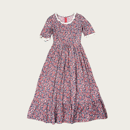 (L) 70s Red and Blue Floral Lace Trim Prairie Dress