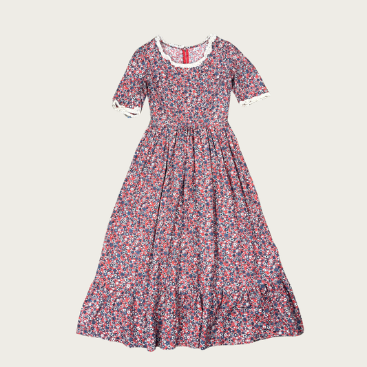 (L) 70s Red and Blue Floral Lace Trim Prairie Dress