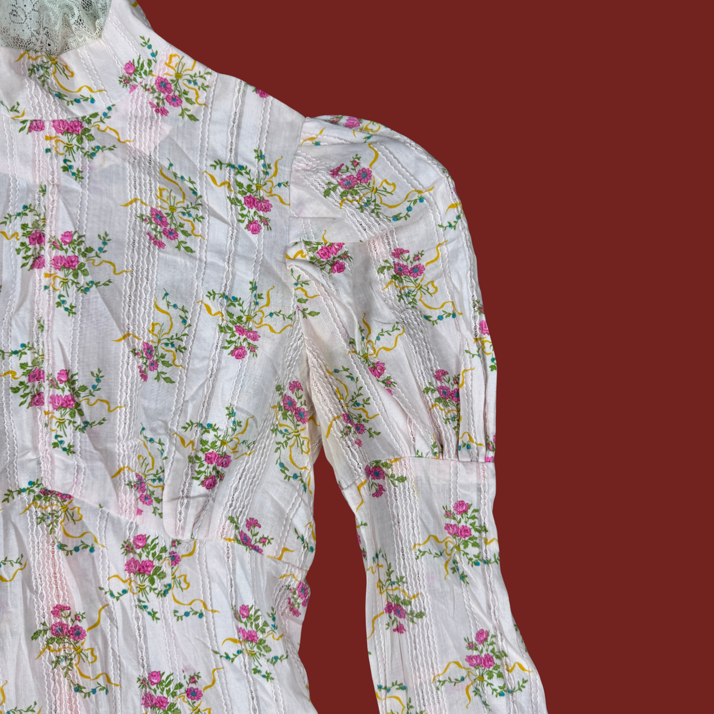 (S) 60s/70s Baby Pink High Neck Floral Mini Dress