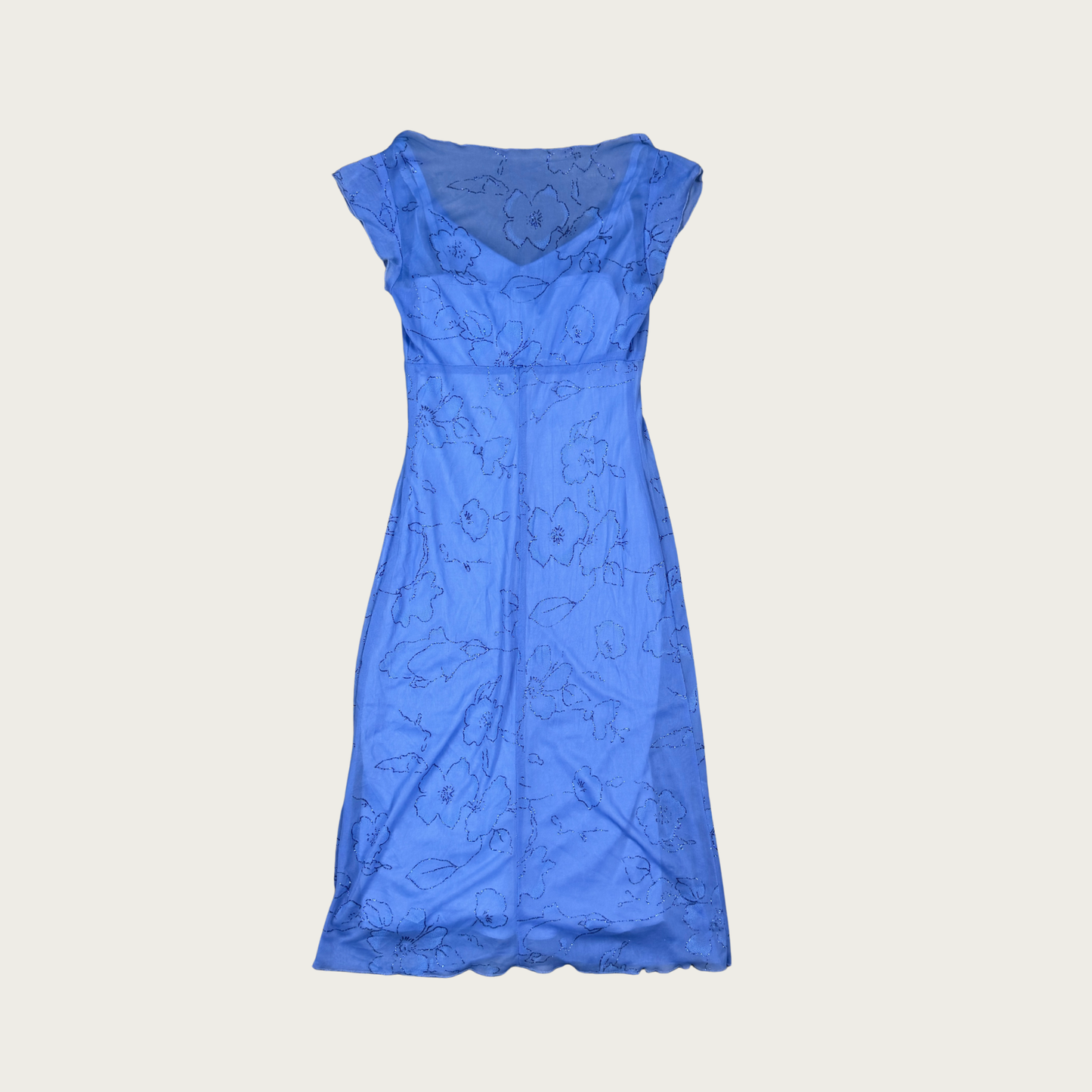 (S) Y2K Blue Glitter Floral Mesh Midi Dress