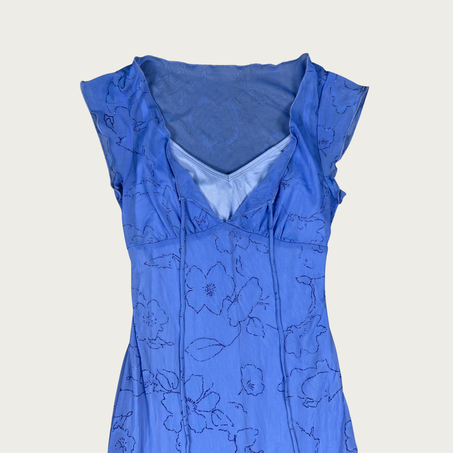 (S) Y2K Blue Glitter Floral Mesh Midi Dress