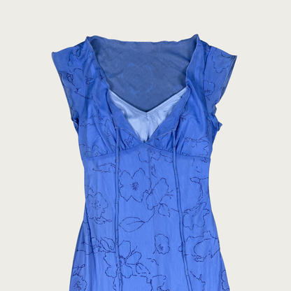 (S) Y2K Blue Glitter Floral Mesh Midi Dress