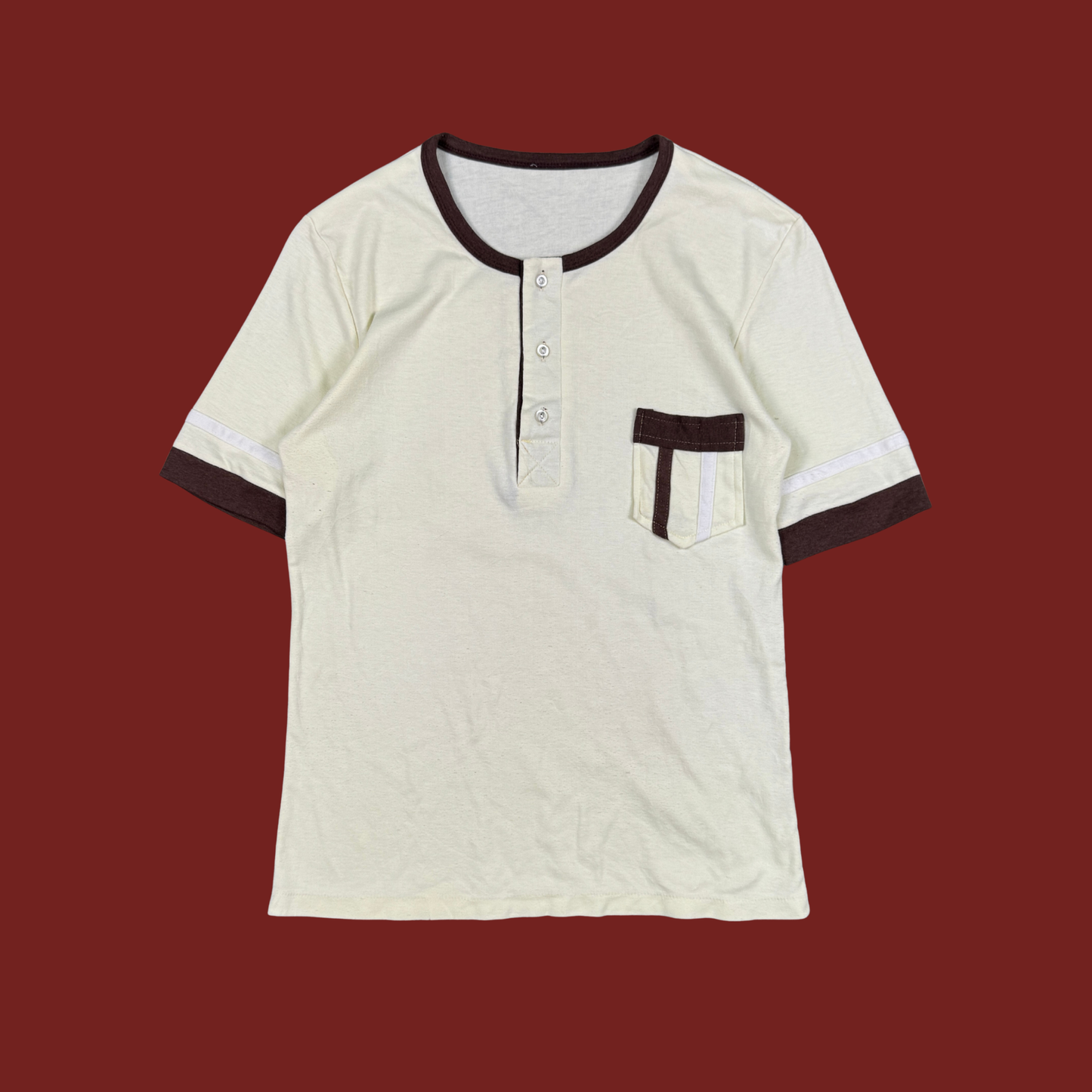 (M) 70s/80s Cream/Brown Henley Tee