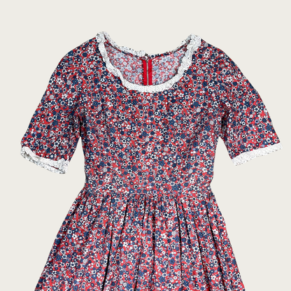 (L) 70s Red and Blue Floral Lace Trim Prairie Dress