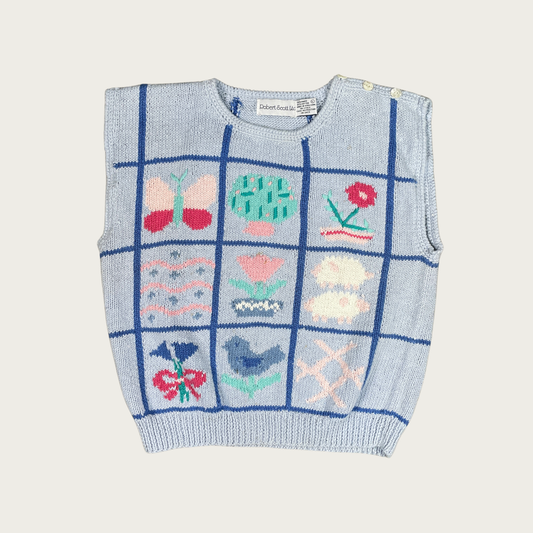 (M/L) 90s Patchwork Motif Blue Sweater Vest