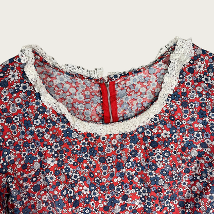 (L) 70s Red and Blue Floral Lace Trim Prairie Dress