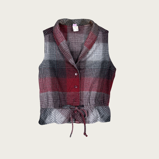 (S/M) 60s/70s Red/Gray Plaid Wool Top