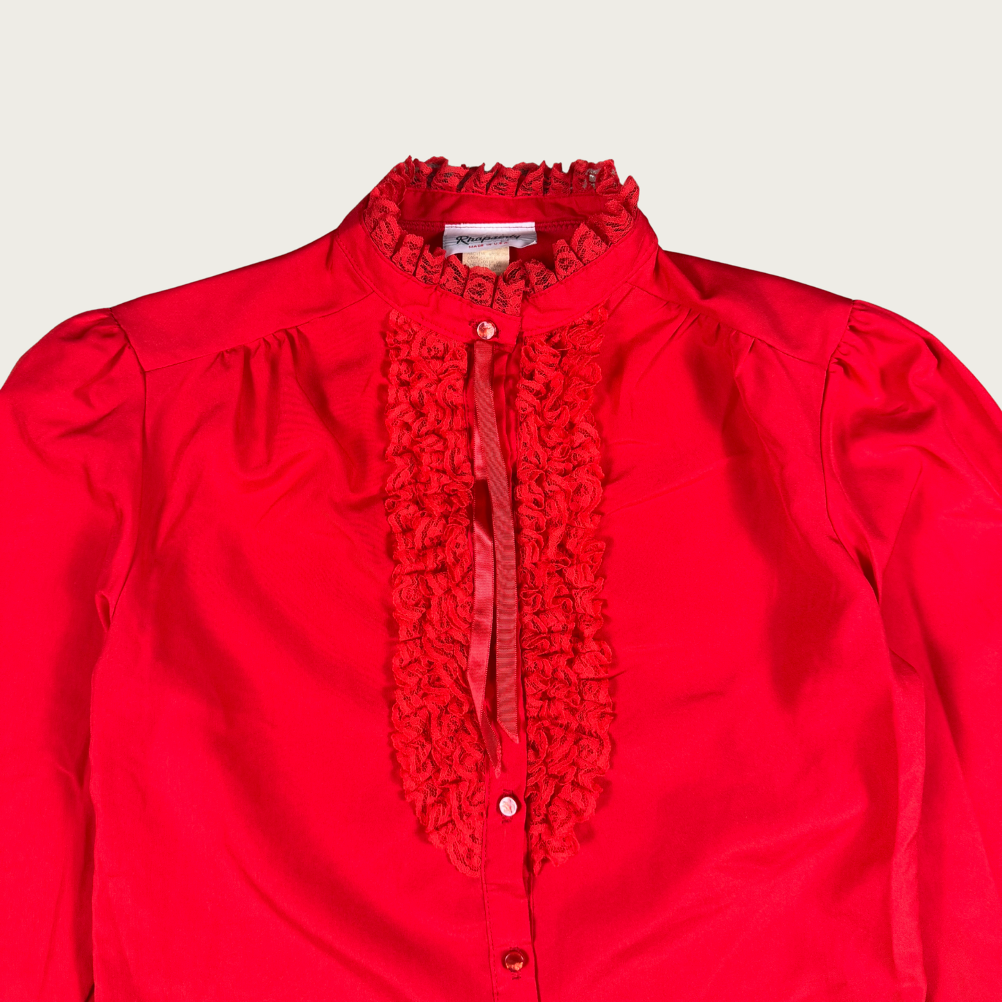 (M) 80s Red Ruffle Collar Blouse