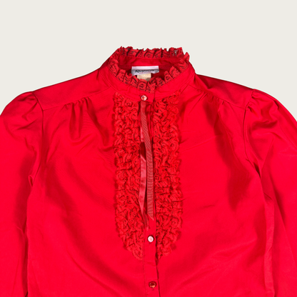 (M) 80s Red Ruffle Collar Blouse