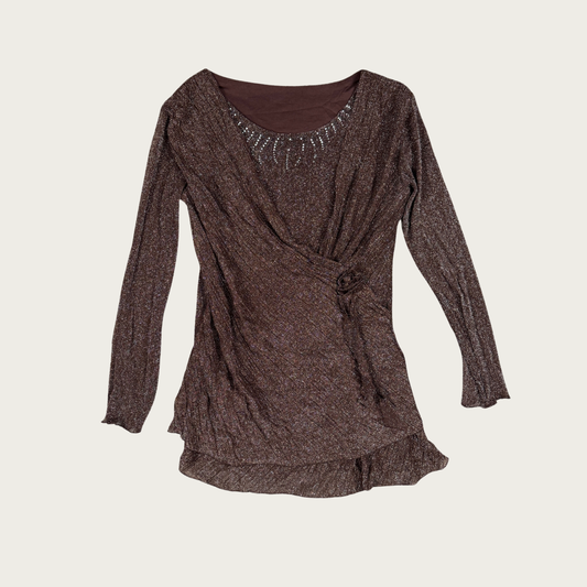 (L) Y2K Brown Mesh Shimmer Blouse