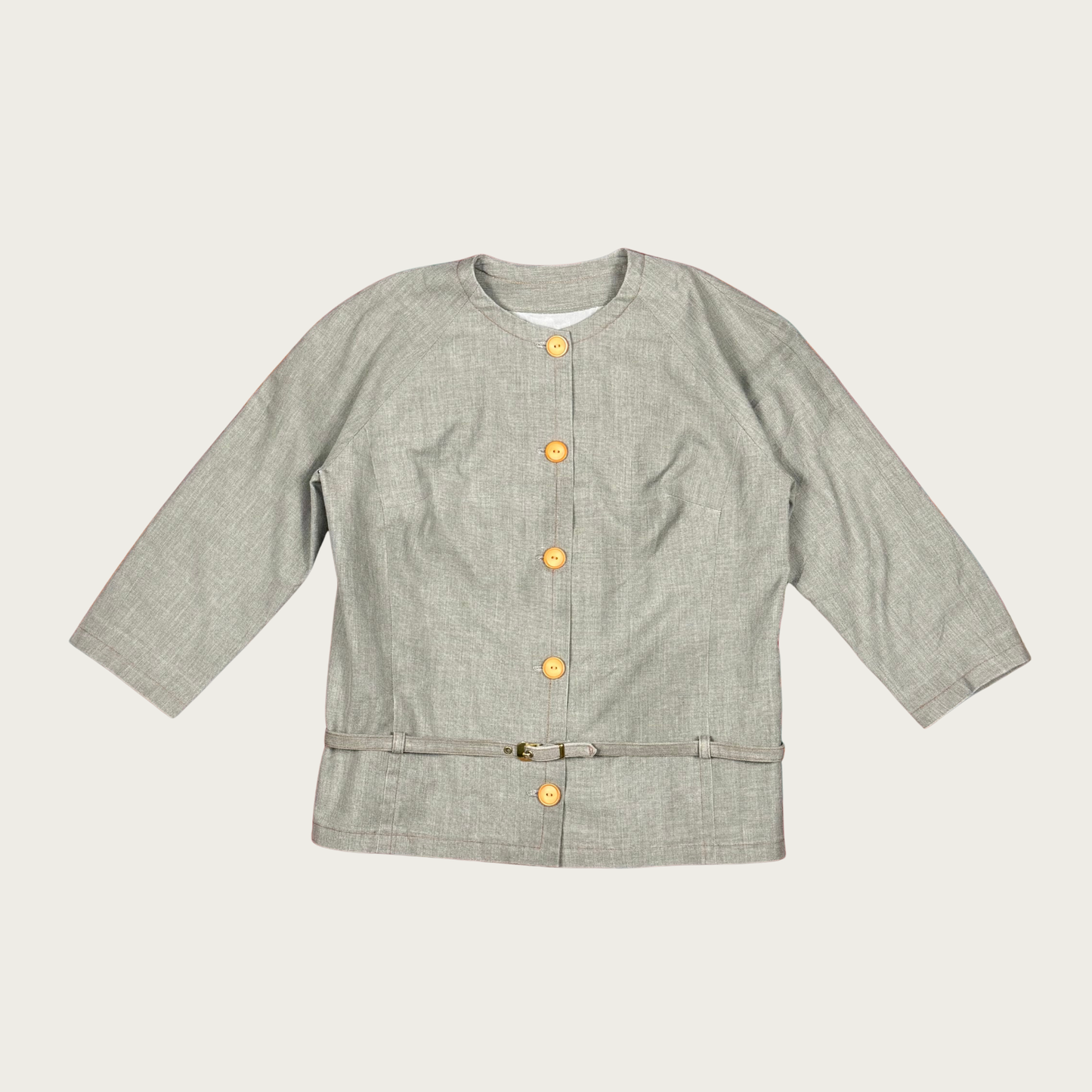 (M) 70s/80s Gray Button Up Belted Top