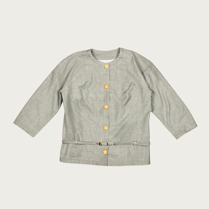 (M) 70s/80s Gray Button Up Belted Top