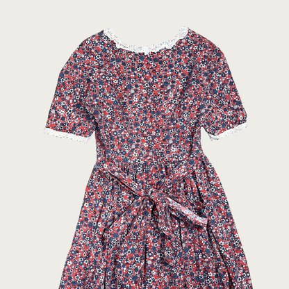 (L) 70s Red and Blue Floral Lace Trim Prairie Dress
