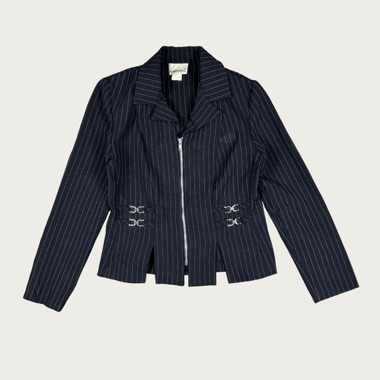 (S/M) Y2K Black Pinstripe Buckle Jacket