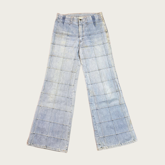 (30") 70s/80s Grid Stitch Light Wash Denim Wide Leg Flares