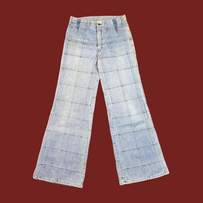 (30") 70s/80s Grid Stitch Light Wash Denim Wide Leg Flares