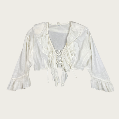 (L) Cropped White Lace Up Ruffle Blouse