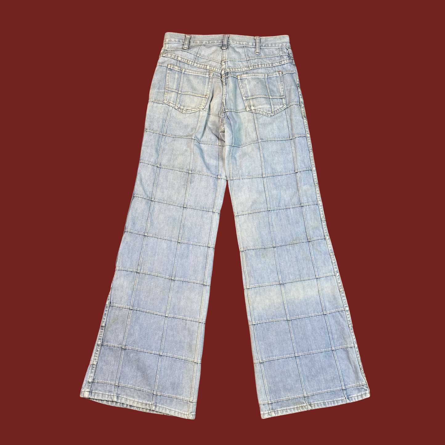 (30") 70s/80s Grid Stitch Light Wash Denim Wide Leg Flares