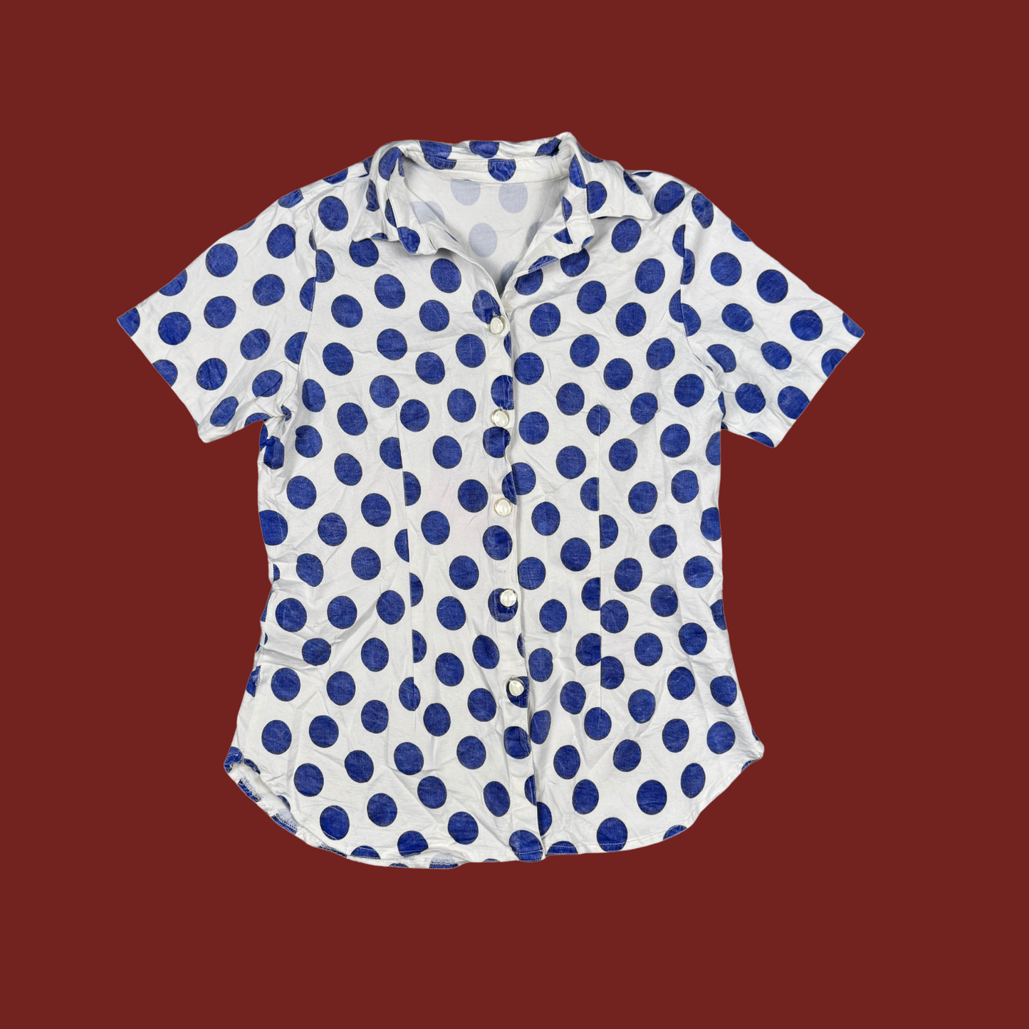 (S/M) White/Blue Polka Dot Button Up Top