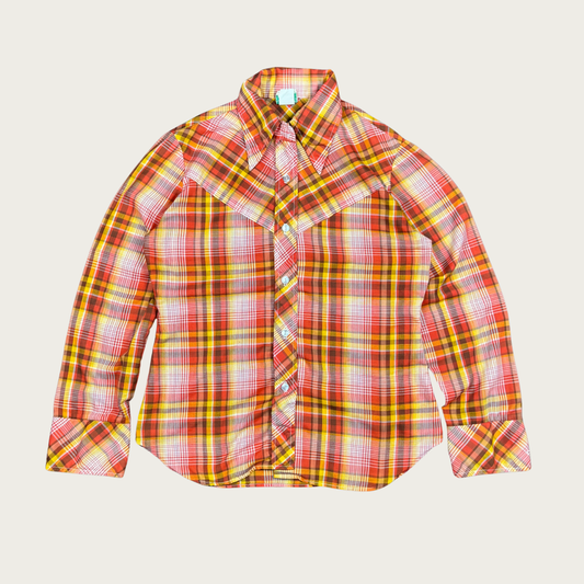 (M) 70s Orange Plaid Western Shirt