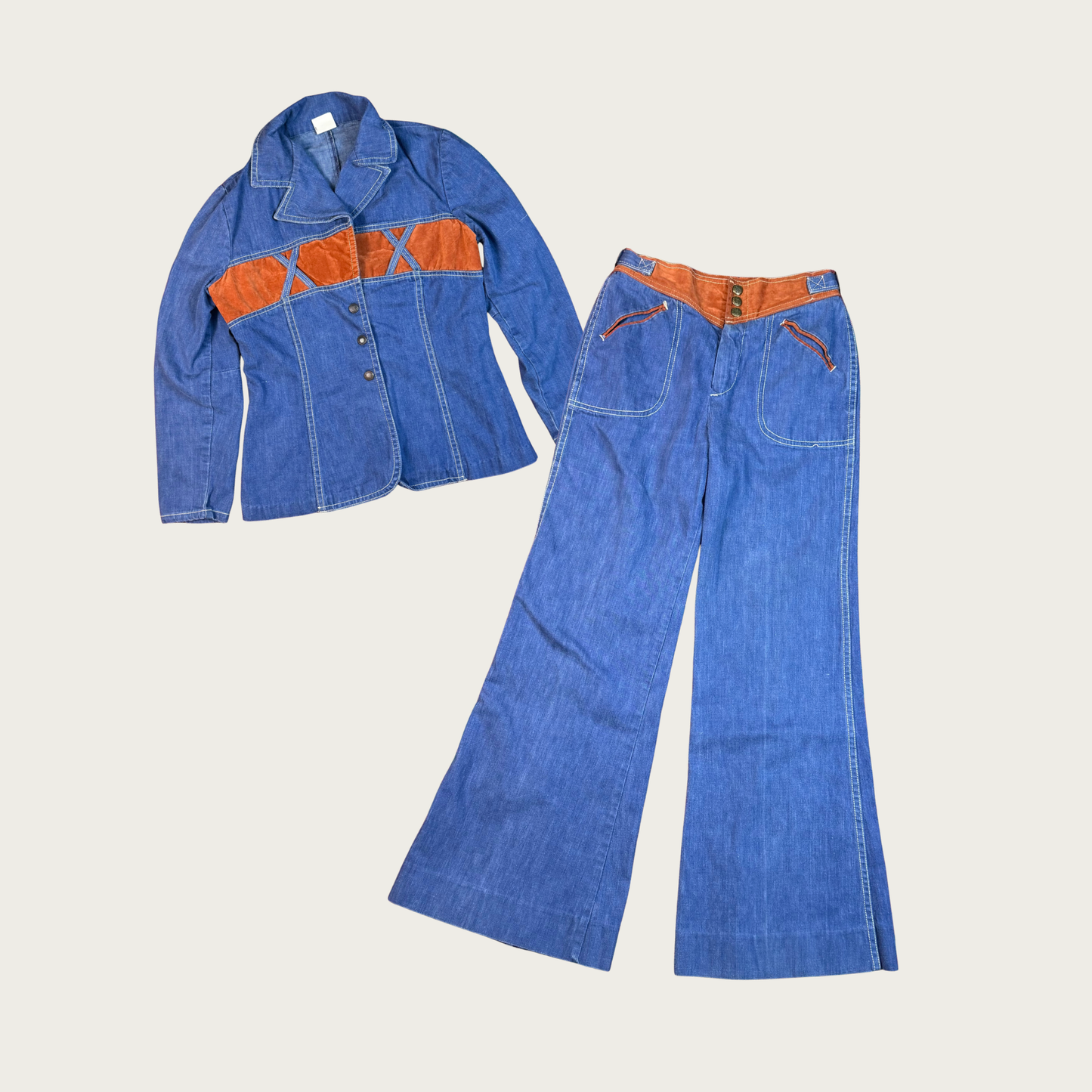 (S) 70s Matching Western Denim Flares Set
