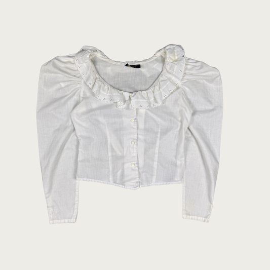 (M) 80s White Eyelet Ruffle Blouse