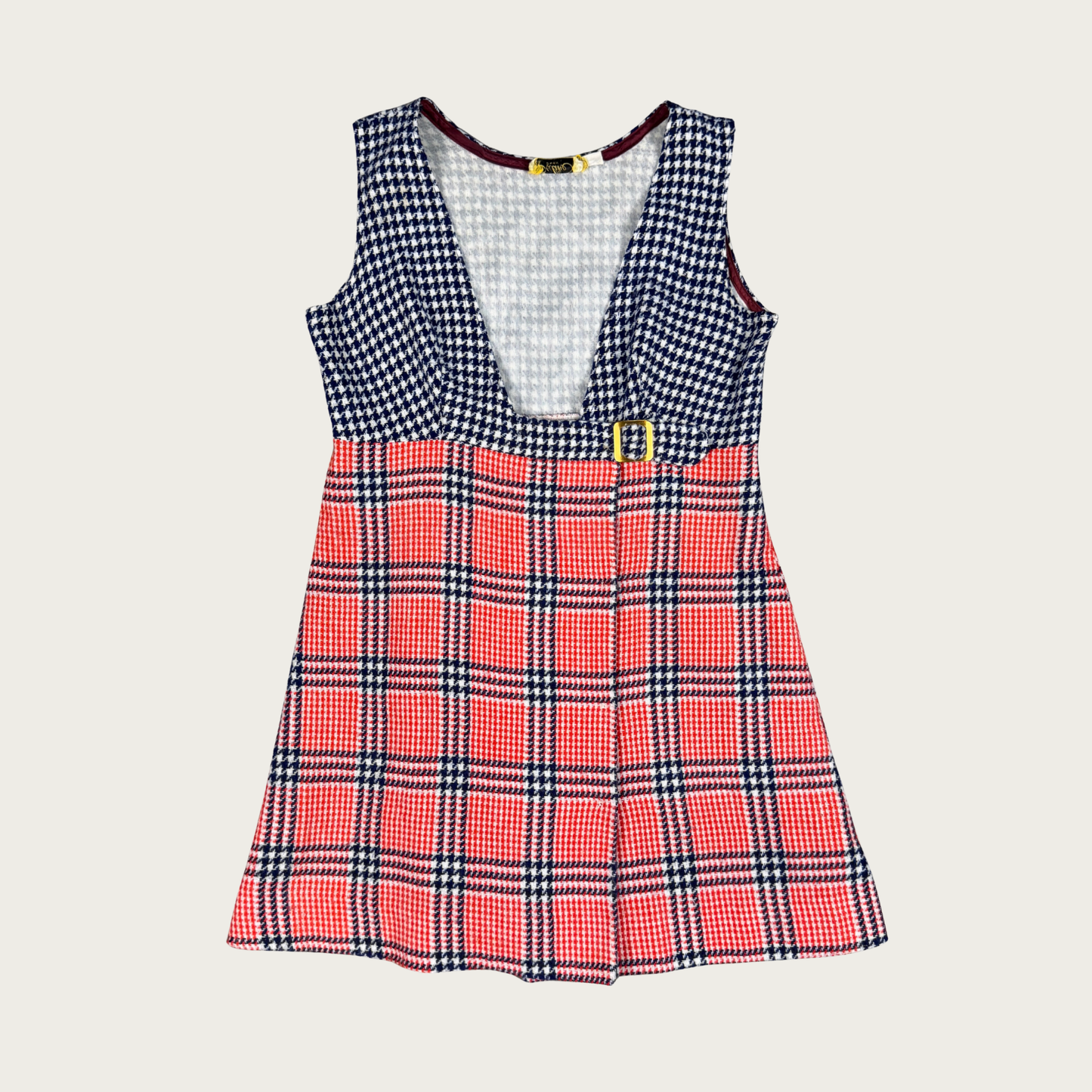 (M/L) 60s Red/Navy Plaid Buckle Mini Dress