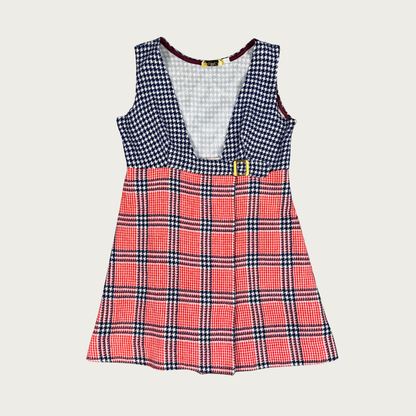 (M/L) 60s Red/Navy Plaid Buckle Mini Dress