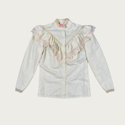 (M/L) 70s/80s Cream Lace Ruffle Blouse