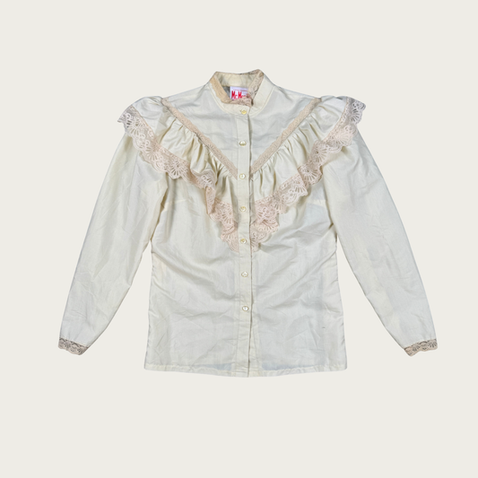 (M/L) 70s/80s Cream Lace Ruffle Blouse