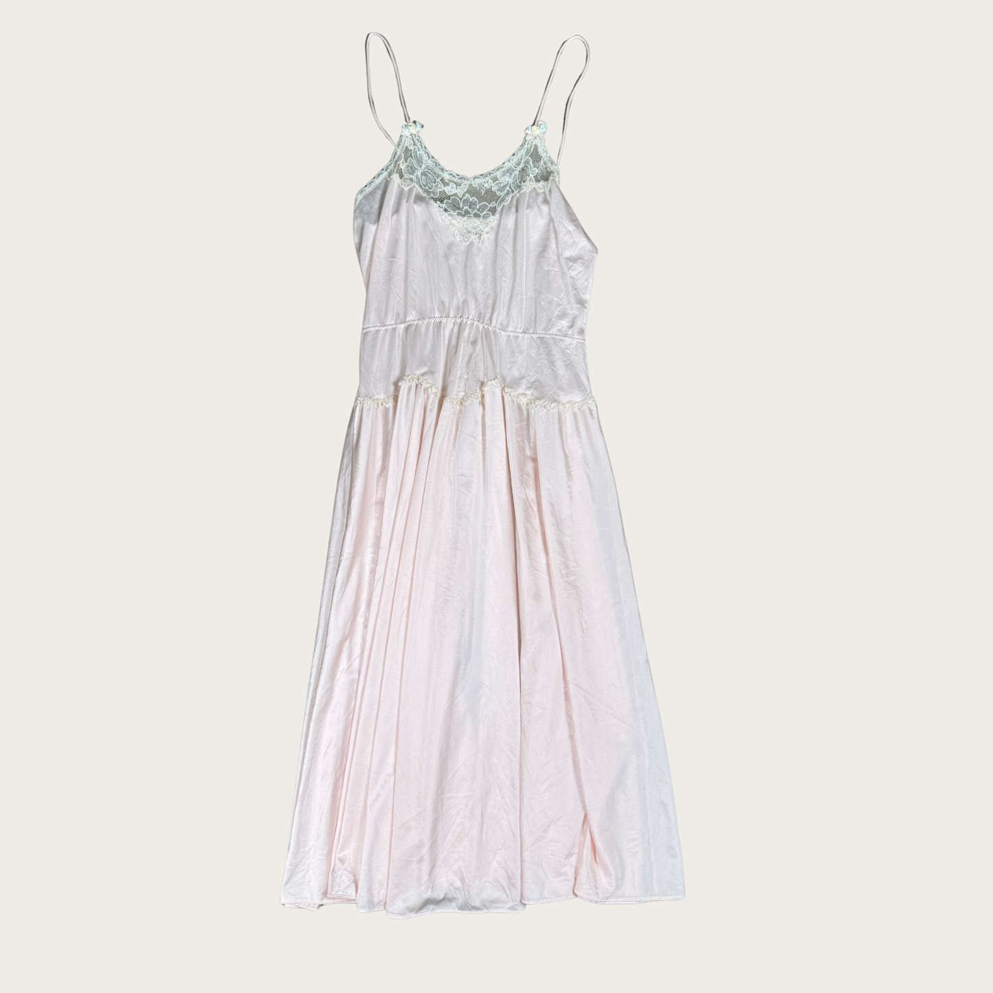 (S) 70s/80s Baby Pink Lace Trim Midi Slip Dress