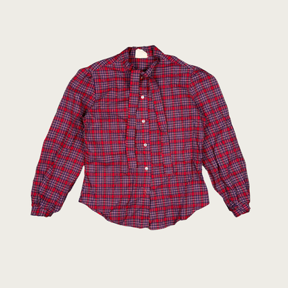 (L) Red Plaid Neck Tie Blouse