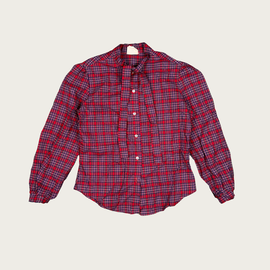 (L) Red Plaid Neck Tie Blouse