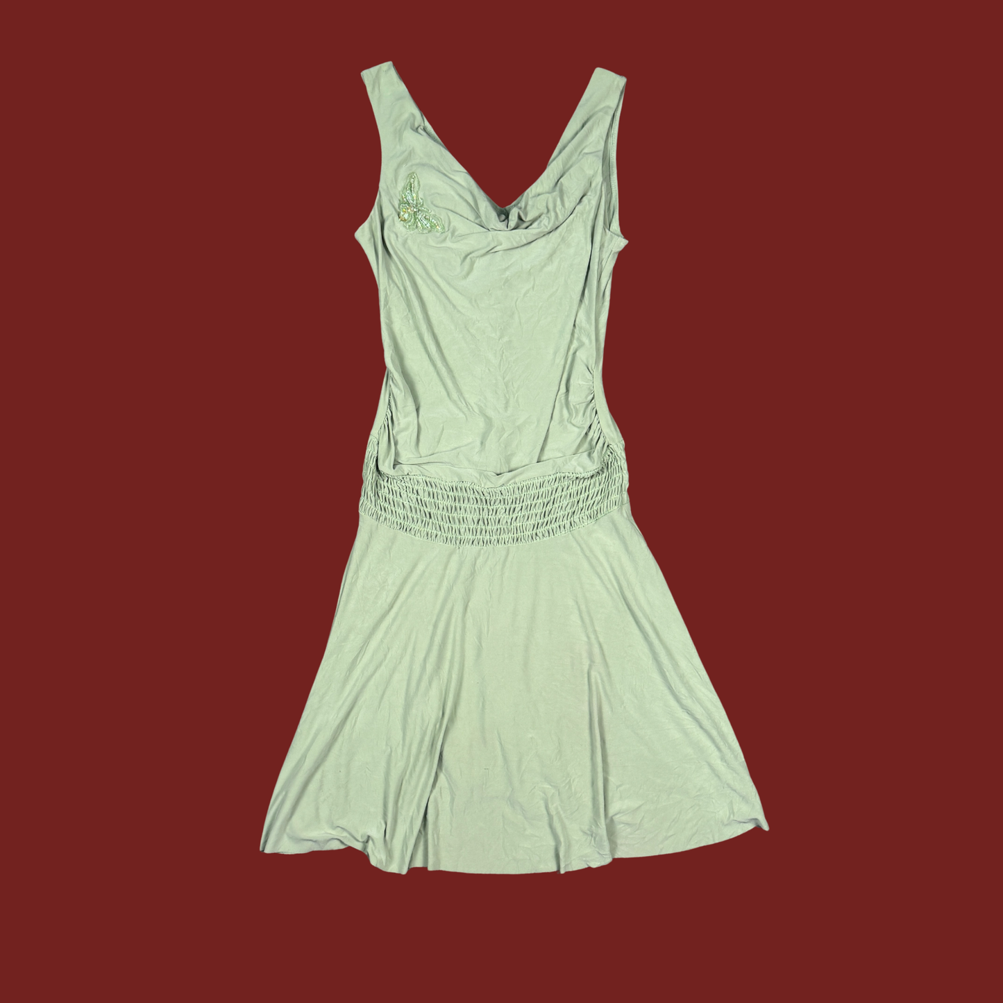 (L) 90s/Y2K Slinky Green Drop Waist Midi Dress